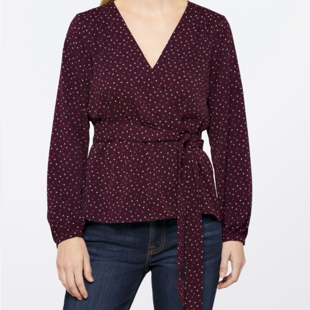 Ladies Burgundy medium tie waist wrap blouse|